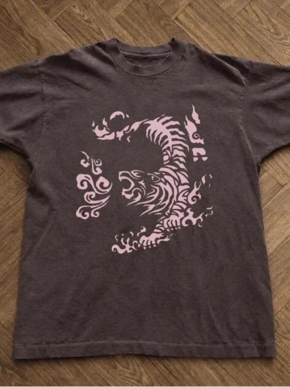 Vintage-Style Black Graphic Tee with Pink Tiger Print -